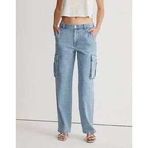 NWT Madewell Low-Slung Cargo Solid Denim Pants Blue 90s Wide Leg NK883 Size 32